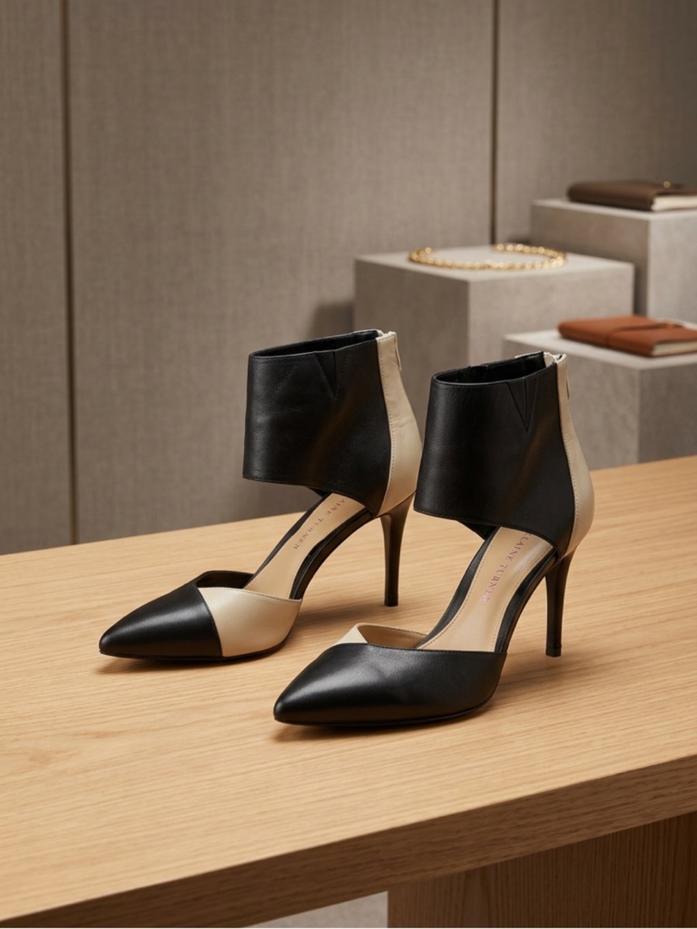 Elaine Turner Two-Tone Black and Cream Pointed Ankle-Strap Spiked Heels